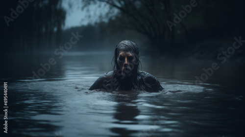 Fictional mythical danish evil creature noekke in a lake, photo