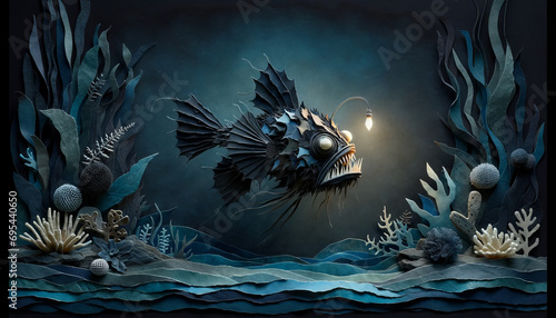 Craft an artistic handcrafted image of an anglerfish lurking in the dark depths of the ocean, using a mix of paper and fabric to showcase various text. photo