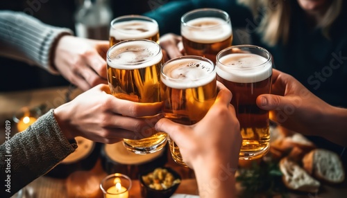Group of people drinking beer at brewery pub restaurant, Happy friends enjoying happy hour sitting at bar table, Closeup image of brew glasses, Food and beverage lifestyle