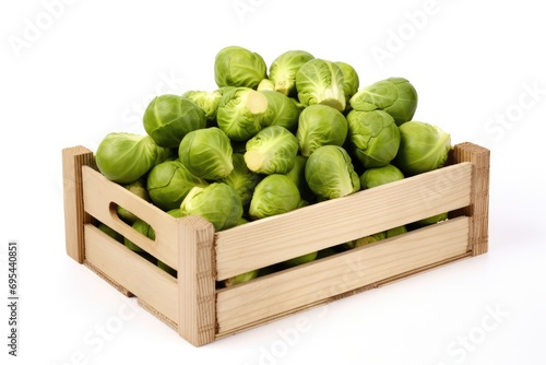 Wooden Box Of Brussels Sprouts On White Background