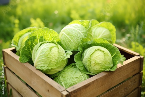 Box Made Of Wood Containing Cabbage Rests On The Grass