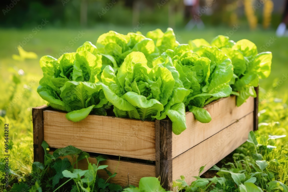 Wooden Box Of Lettuce Stands On The Grass