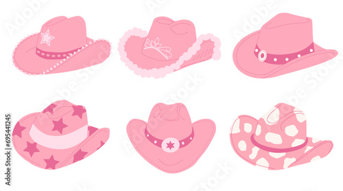 Hand drawn female cowboy hats. Pink cowgirl hats flat vector illustration. Collection of retro elements. Cowboy Western and Wild West theme.