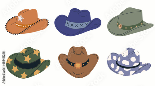 Hand drawn vector cowboy hats. Colored flat vector illustration. Collection of retro elements. Cowboy Western and Wild West theme.