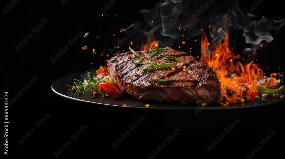 Grilled beef steak with flying ingredients in dish. Banner, Menu, Ads Grilled beef steak with flying ingredients in dish. Banner, Menu, Ads