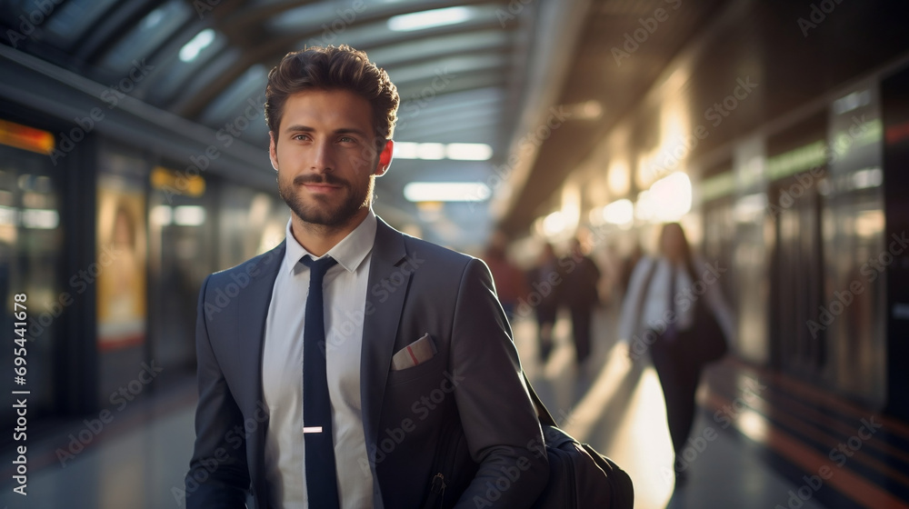 Portrait of young success business man traveling to office on blurred background
