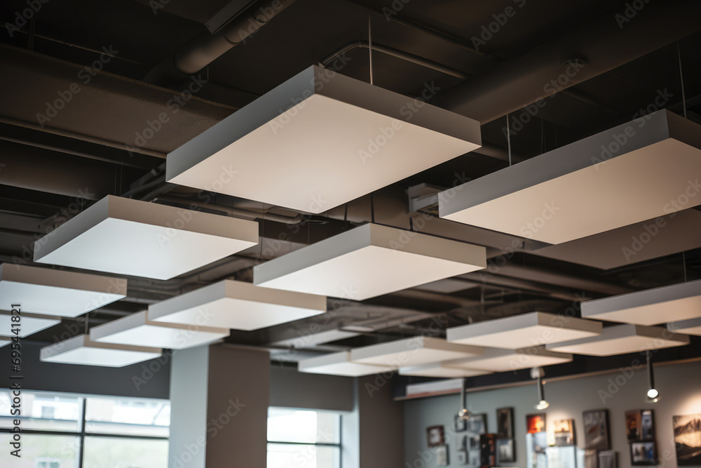 Acoustic Ceiling With Lighting Fixtures And Soundproofing - obrazy, fototapety, plakaty 