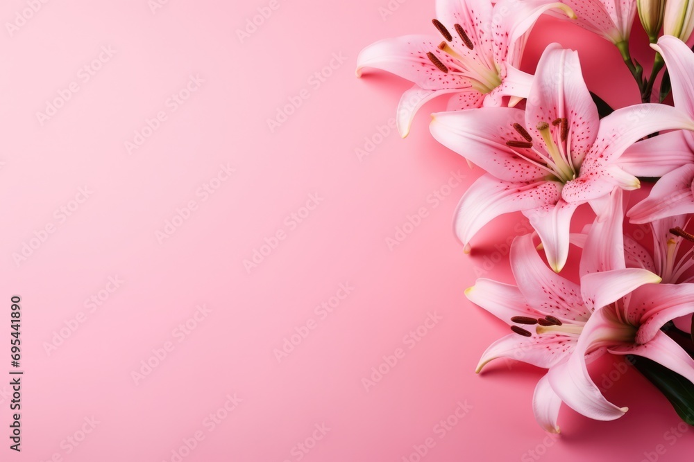 Fototapeta premium Lush Lily Bouquet On A Pink Background With Room For Customization
