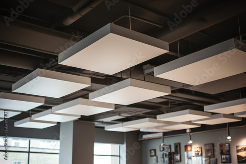 Acoustic Ceiling With Lighting Fixtures And Soundproofing