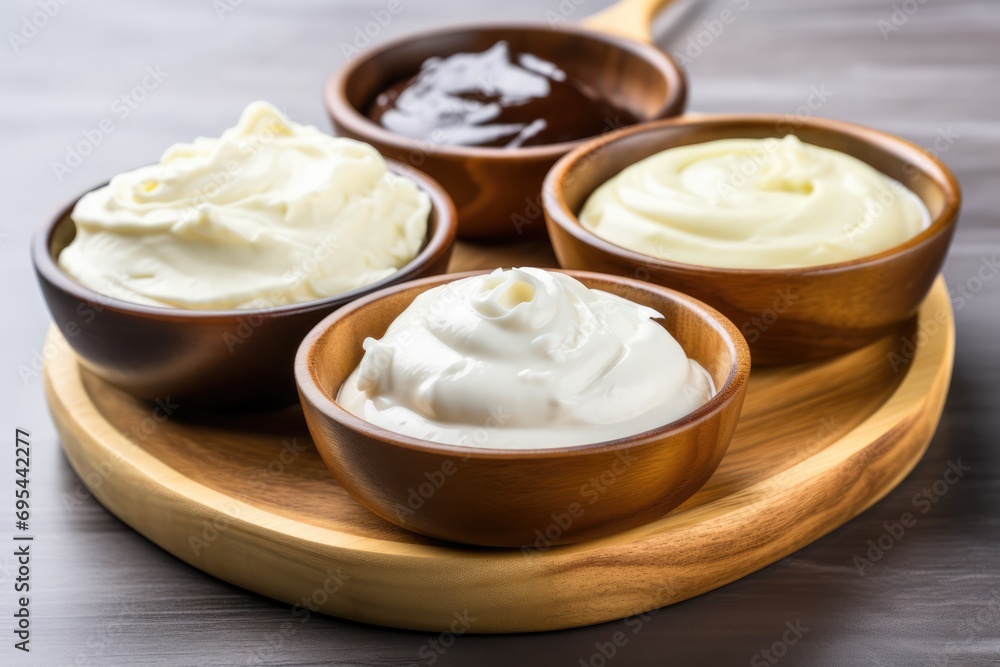 Wooden Bowl Filled With Cream, Mayonnaise, And Yogurt Wooden Bowl Filled With Cream, Mayonnaise, And Yogurt