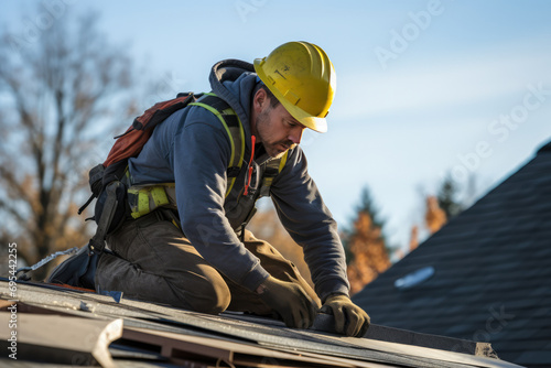 Construction Worker Laying Shingles On Roof