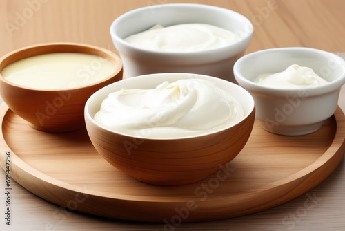 Cream  Mayonnaise  And Yogurt In Wooden Bowl