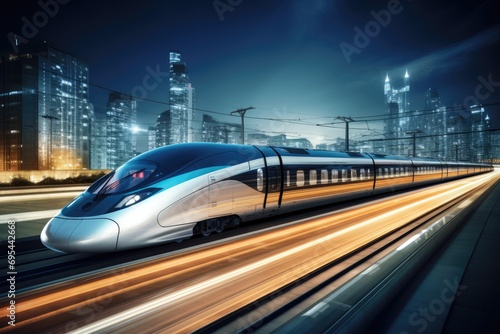 High Speed Train At Station With Blurred Cityscape At Night