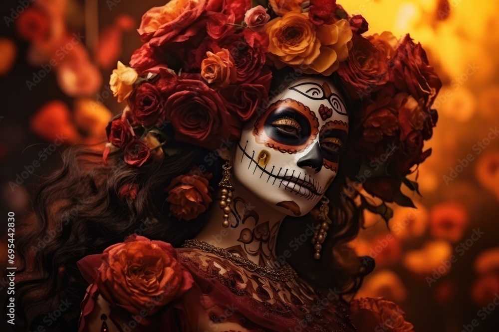 La Catrina: Exquisitely Adorned In Costume And Flower Arrangements For Dia De Los Muertos La Catrina: Exquisitely Adorned In Costume And Flower Arrangements For Dia De Los Muertos