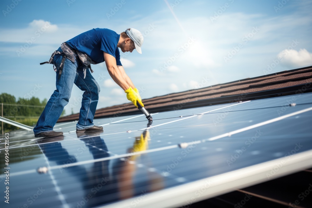 Man Cleaning Solar Panels With Mop Man Cleaning Solar Panels With Mop