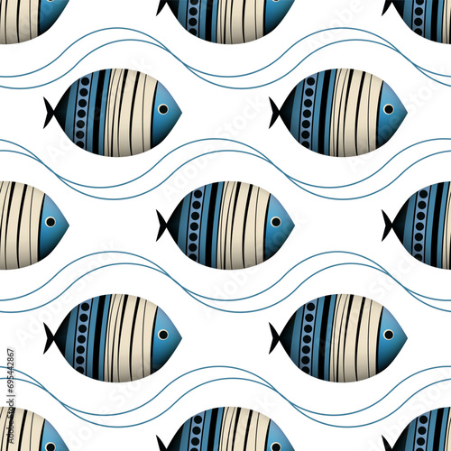 Blue school of fish swimming seamless pattern vector print. Ocean or sea wave...