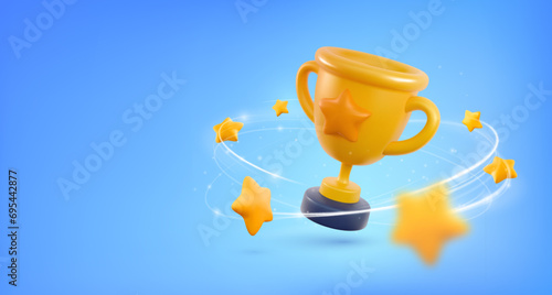 Champion cup 3d vector illustration. Win prize, first place sport competition. Cartoon trophy cup with flying stars on blue background