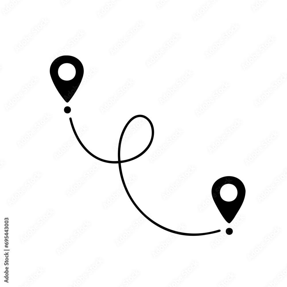 Black route tracking icon. Simple 2 pins path. Searching global mobile GPS navigation. Line distance illustration isolated on white Black route tracking icon. Simple 2 pins path. Searching global mobile GPS navigation. Line distance illustration isolated on white