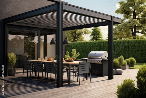 Modern Patio Furniture With Pergola, Awning, Dining Table, And Grill photo