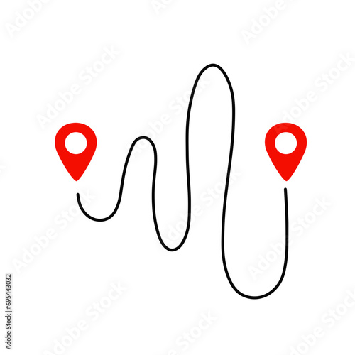 Black route tracking icon. Simple 2 pins path. Searching global mobile GPS navigation. Line distance illustration isolated on white