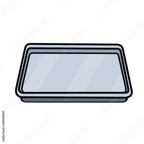 Metal tray. Medical or restaurant element. Flat aluminum platter. Cartoon illustration isolated on white background