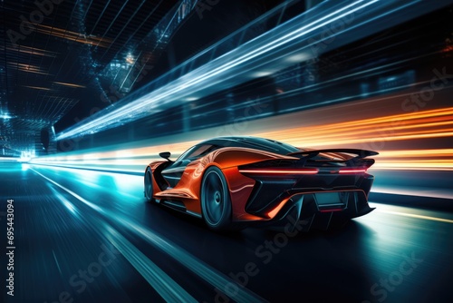 Thrilling Speed Demonstration Of Sports Supercar On Neon Night Highway