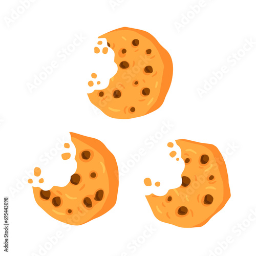 Bite of dessert crumble. Biscuit Bread crumb. Chocolate sweetness bakery. Flat cartoon illustration. Set of Eaten cookies.