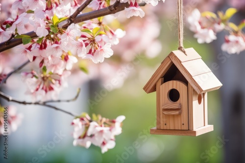 Cherry Blossom Tree Adorned With A Hanging Wooden Birdhouse © Anastasiia