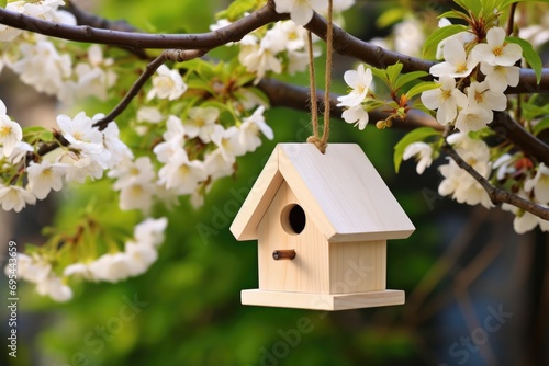 Wooden Birdhouse Hanging On Blooming Cherry Tree Branch