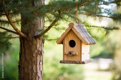 Wooden Birdhouse Hanging On Tree