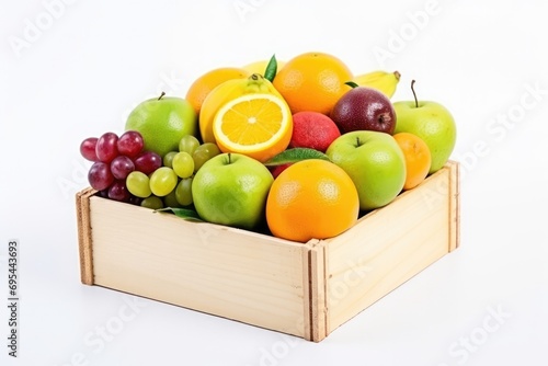 Exquisite Assortment Of Exotic Fruits Presented In A Charming Wooden Box On A Clean White Background