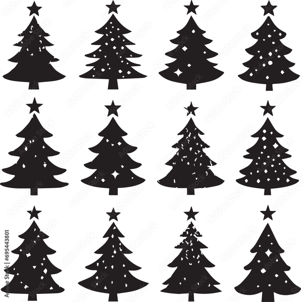 Obraz premium Silhouette Solid Vector Icon Set Of Christmas Tree, Yule tree, Fir tree, Tannenbaum, Evergreen, Conifer, Pine tree, Holiday tree, Festive tree, Decorated tree, Seasonal tree.