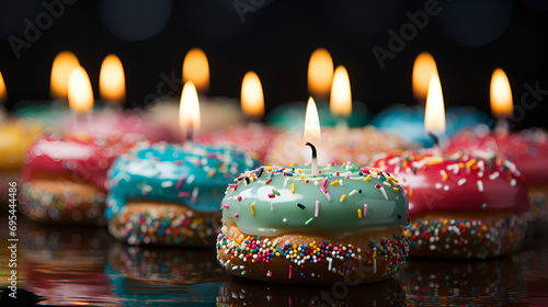 Happy birthday party concept  minimalistic background. Sweet donuts with multicolored icing and candles.
