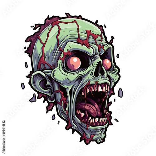 Zombie Chic - This product name adds a touch of style to the cartoon zombie design, suggesting a trendy and fashionable sticker. It implies a cartoon zombie with red eyes and a white shirt that is bot