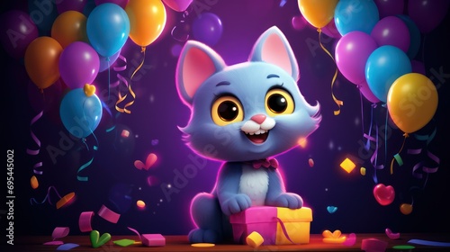 Cute cartoon cat with gift box and colorful balloons.
