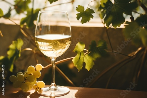  a glass of white wine sitting on a table next to a bunch of green leaves and a bunch of grapes on a table next to the glass of white wine.