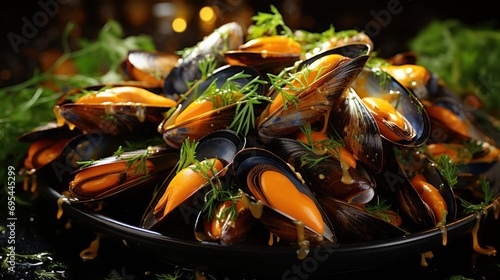  a close up of a plate of mussels with garnishes on top of a bed of green leafy greens on a dark surface with lights in the background.