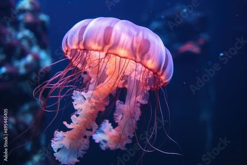  a close up of a jellyfish in an aquarium with blue water and rocks in the background and a blue light shining on the bottom of the jellyfish's head.