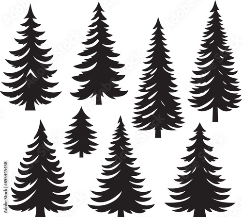 Silhouette Solid Vector Icon Set Of Christmas Tree, Yule tree, Fir tree, Tannenbaum, Evergreen, Conifer, Pine tree, Holiday tree, Festive tree, Decorated tree, Seasonal tree.