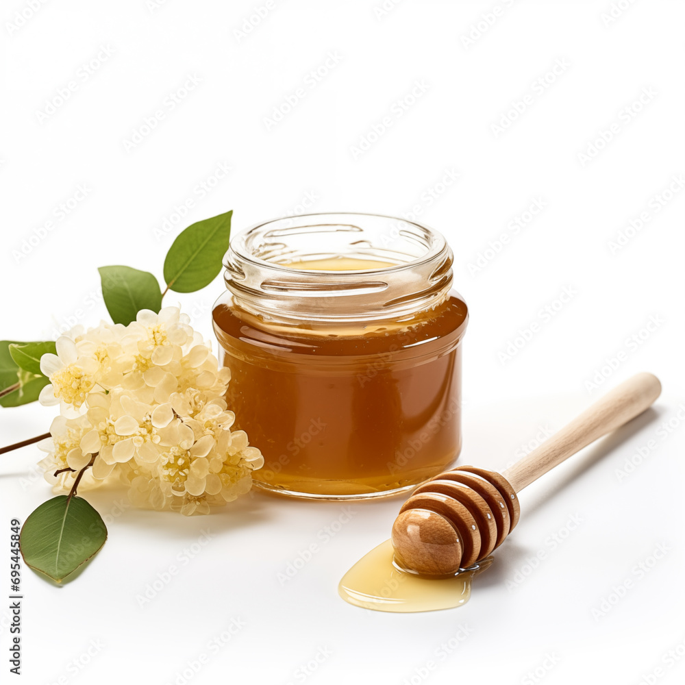 Jar of honey dipper. Linden honey. White background. Generative AI Jar of honey dipper. Linden honey. White background. Generative AI