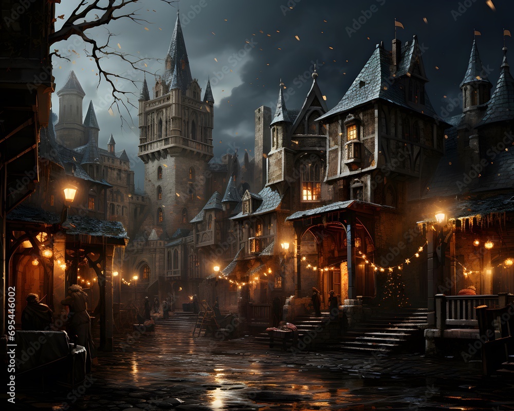 Night view of the old town of Paris, France. Concept art.