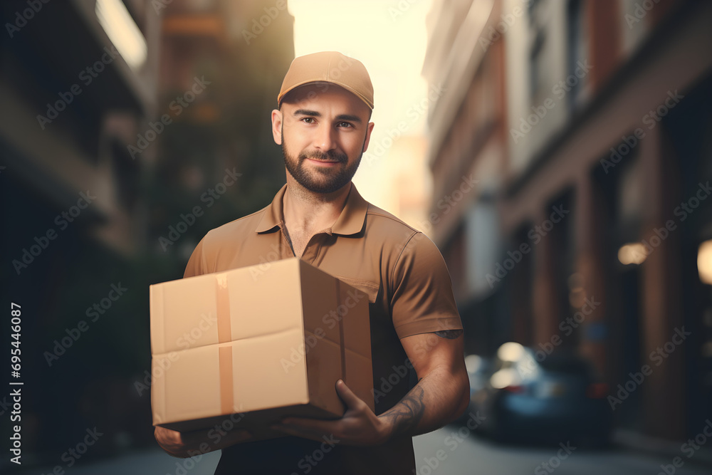 Delivery man carries a cardboard box in his hands Delivery man carries a cardboard box in his hands