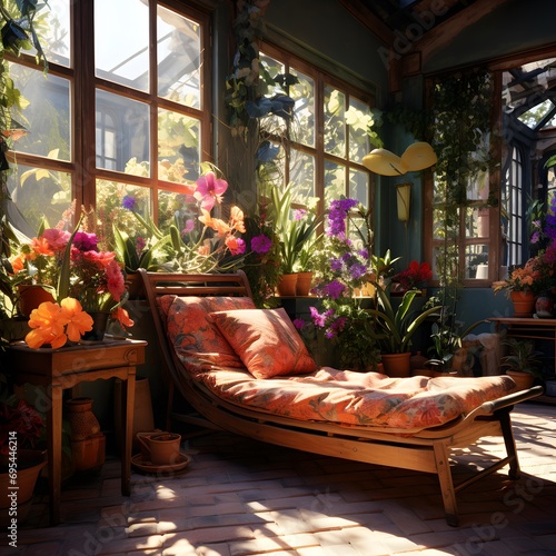 Sofa in the garden with flowers and plants in the sunlight