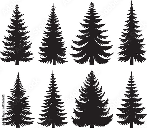 Silhouette Solid Vector Icon Set Of Christmas Tree, Yule tree, Fir tree, Tannenbaum, Evergreen, Conifer, Pine tree, Holiday tree, Festive tree, Decorated tree, Seasonal tree.