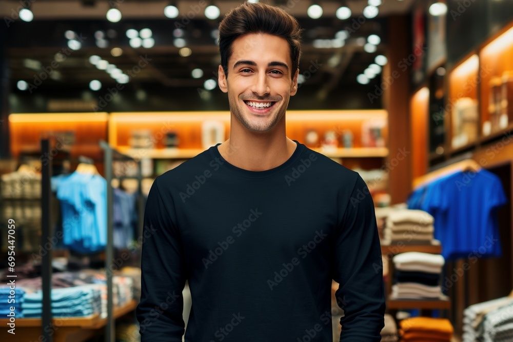 Sleek Street Elegance: High-Quality Image of a Vlogger Wearing a Black Long Sleeve T-Shirt, Showcased in Front of an Exclusive Clothing Store Sleek Street Elegance: High-Quality Image of a Vlogger Wearing a Black Long Sleeve T-Shirt, Showcased in Front of an Exclusive Clothing Store