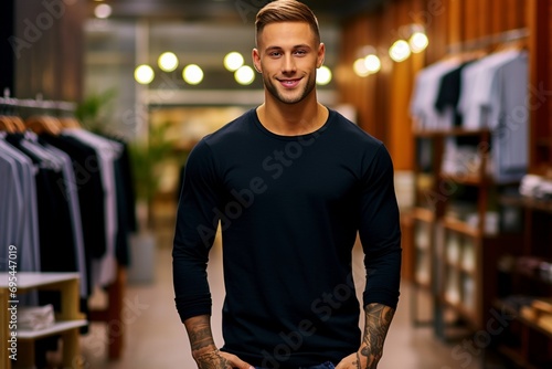 Modern Vlogging Vibes: Black Long Sleeve T-Shirt Mockup Image, Featuring a Stylish Vlogger Posing at the Entrance of a Premium Clothing Boutique photo