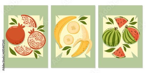 Fototapeta Naklejka Na Ścianę i Meble -  Set of abstract posters with fruit composition. Pomegranate, banana, watermelon. Summer modern vector illustration for banner, card, fruit shop, cover, a4 format