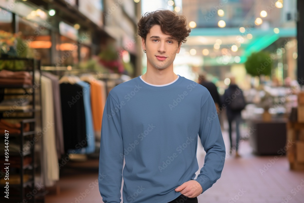 Fototapeta premium Grey Elegance Affair: Vlogger Poses in Front of an Upscale Clothing Store, Modeling a Stylish Grey Long Sleeve T-Shirt in a High-Quality Mockup Image