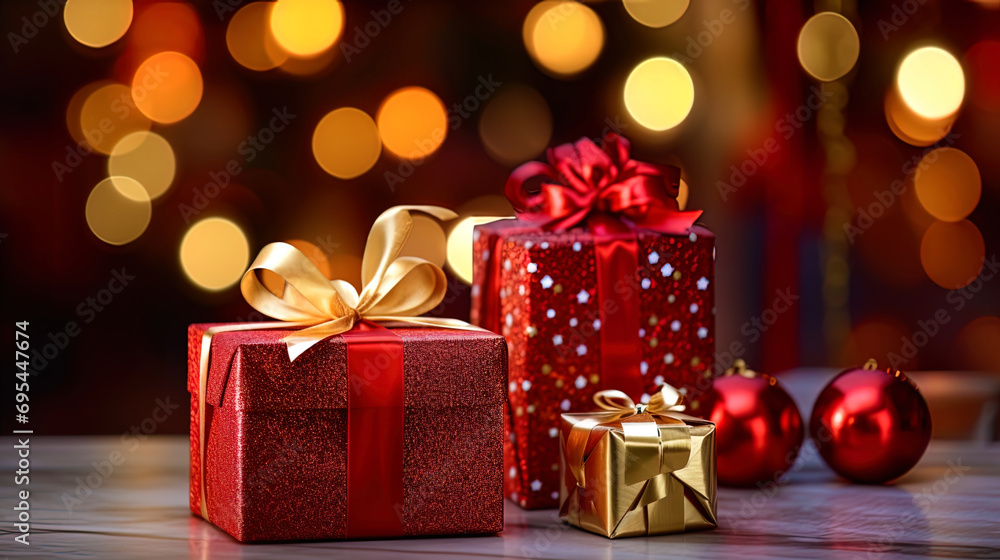 Festive gifts against the background of New Year's illumination Festive gifts against the background of New Year's illumination