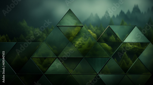 Sfondo digitale astratto con alberi, montagne e forme geometriche trasparenti photo